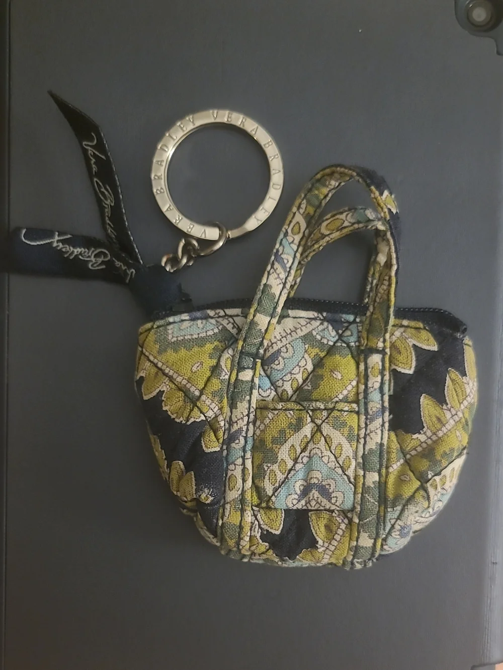 Vera Bradley Quilted Floral Mini Tote Key Ring in Green and Blue